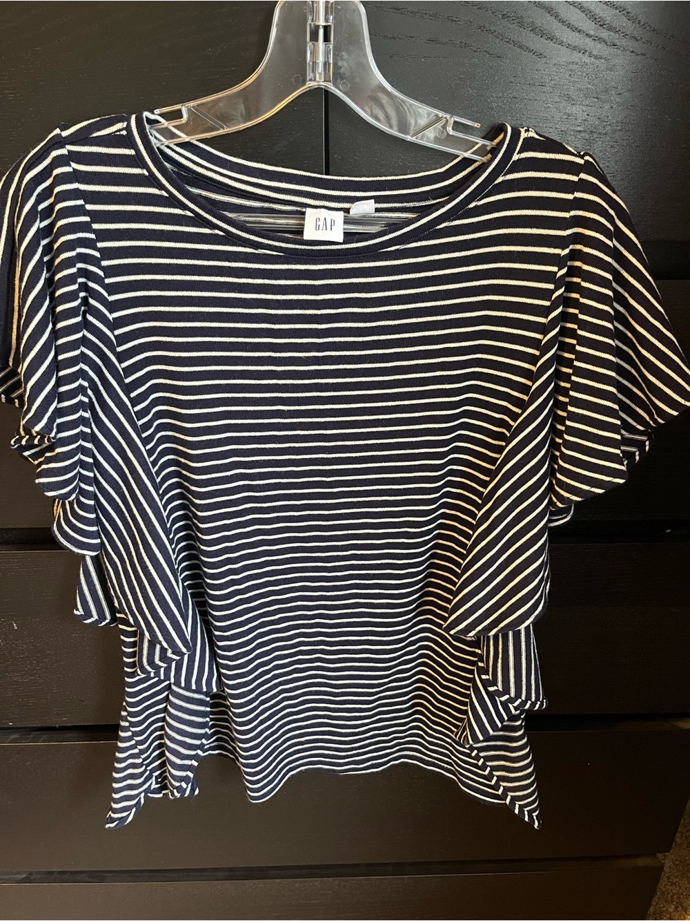 GAP XS Navy White Stripe Ruffle Sleeve Top Coastal Preppy Y2K Cottagecore